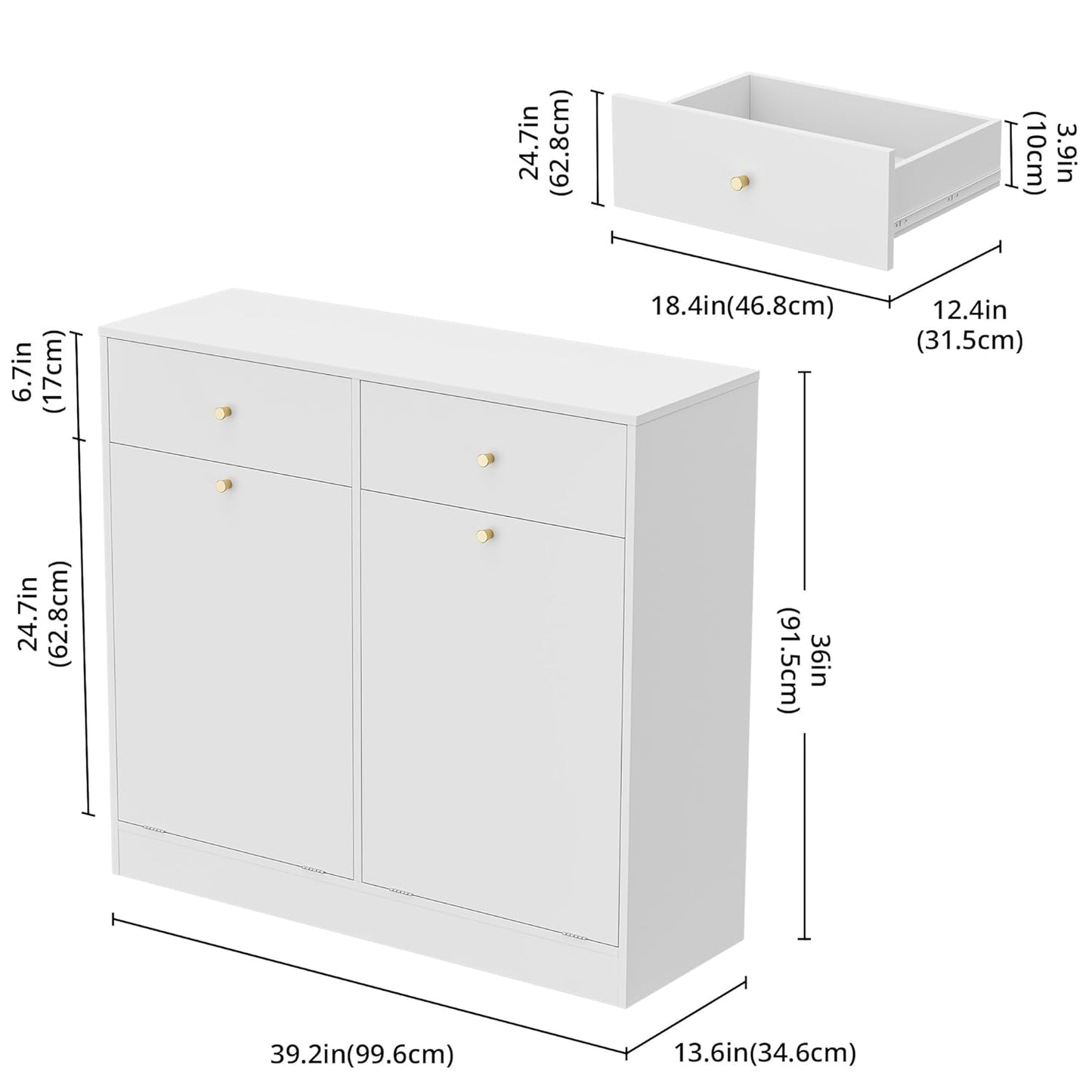 Double Tilt Out Trash Can Cabinet with 2 Drawers, Trash Storage Cabinet, Hidden Garbage Bin, Free Standing Laundry Sorter Organizer for Kitchen Dining Living Room, Bathroom, White