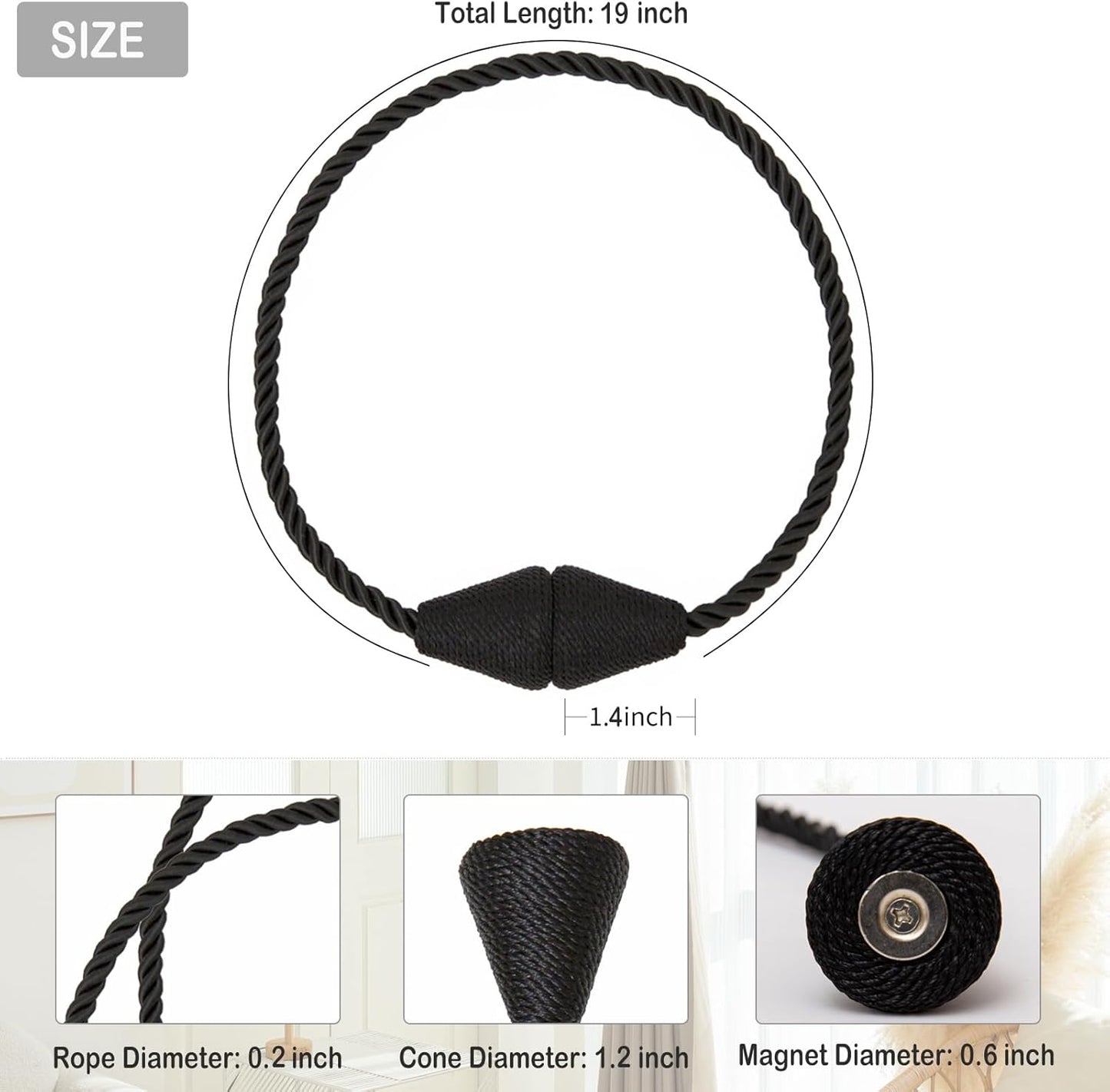 Magnetic Curtain Tiebacks 4 Pack Outdoor Rope Curtain Tie Backs Decorative Window Treatment Holdbacks for Home Decorative Curtain, Black