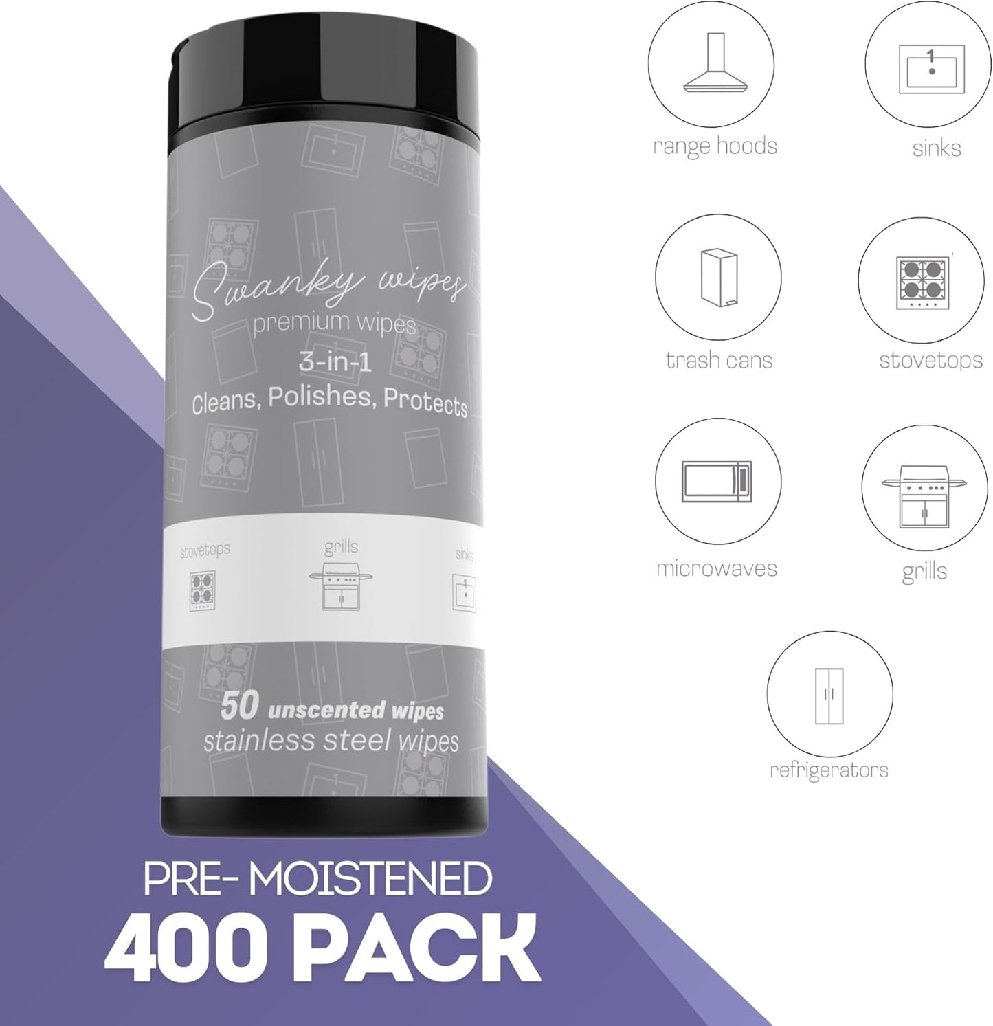 Swanky Stainless Steel Cleaner Wipes - Grime & Grease Remover Kitchen Cleaning Supplies - Clean & Shine, For Stove Top, Refrigerator, Sink, Oven, & Household Appliances - Canister, 400 Count