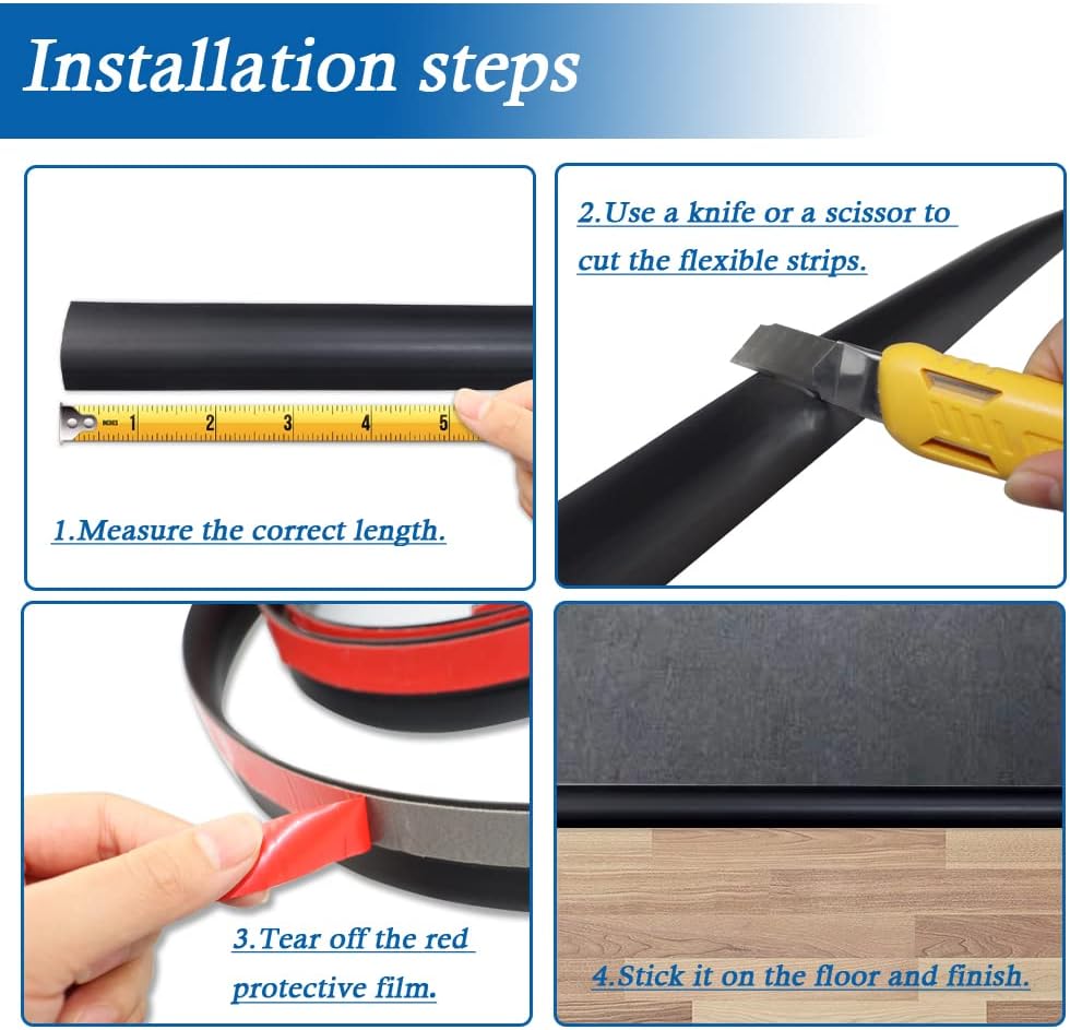 Floor Transition Strip Self Adhesive Carpet & Flooring Transitions Edging Trim Strip PVC Threshold Transitions Suitable for Threshold Height Less Than 5mm (10Ft, Black)