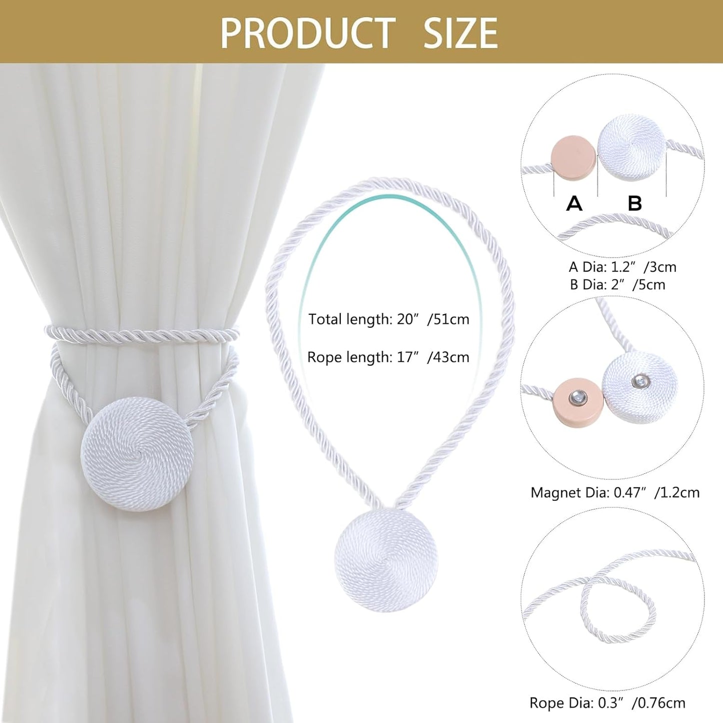 Magnetic Curtain Tiebacks - 12mm Magnetic Tie Backs for Curtains, Heavy Duty No Drill Curtain Holdbacks for Home/Office Windows Drapes, Elegant Gift-Ready Design 7 Colors (4, White)