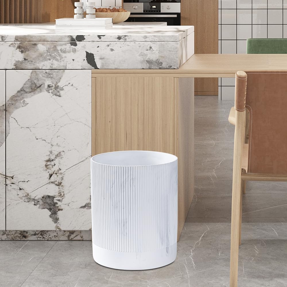 Polytree White Marble Stripe Wastebasket,Round Bathroom Trash Can 2.5 Gallon(9 Liter) Small Kitchen Garbage Can,Living Room Bedroom Trash Can, Decor Wastebasket for Home Office Marble Stripe