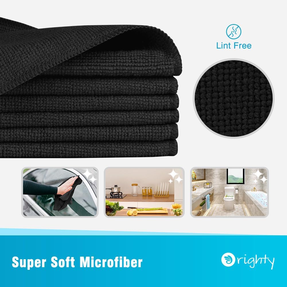 Orighty Microfiber Cleaning Cloth, 12 Pack Microfiber Towels for Cars, Highly Absorbent Car Cleaning Supplies, Lint Free Cloths Clean Rags for Car Care, House, Kitchen, 12x12 inch, Black