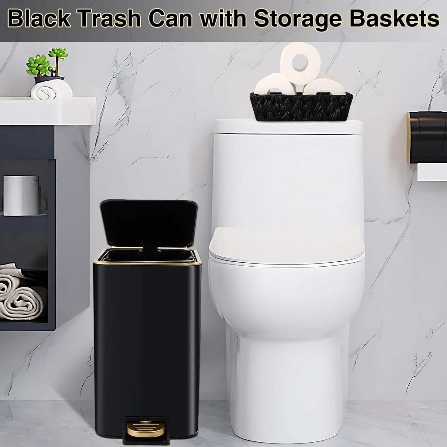 Small Bathroom Trash Can with Lid Soft Close, 1.8 Gallon Stainless Steel Garbage Can with Removable Inner Bucket,Wicker Storage Baskets,75Count Trash Bags, Slim Step Pedal Trash Bins
