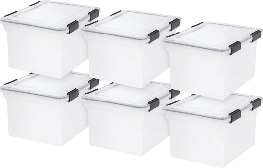 IRIS USA 32 Quart WEATHERPRO Plastic Storage Box with Durable Lid and Seal and Secure Latching Buckles, Clear with Black Buckles, 6 Pack