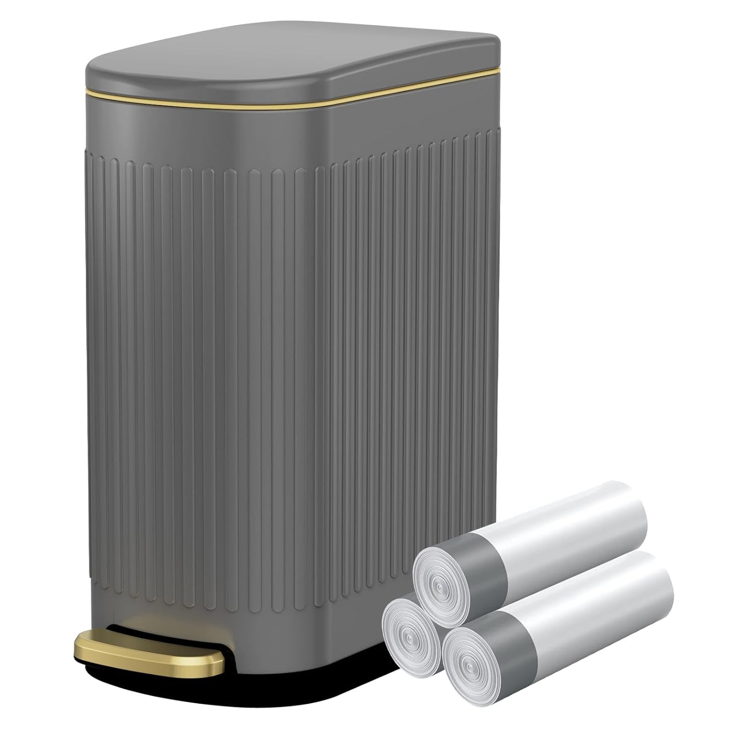 KUK Slim Bathroom Trash Can with Lid, 2.6 Gallon (10 L) Stainless Steel Step Small Garbage Can with Removable Inner Bucket, Soft Close, Anti-Fingerprint Finish (Gray)