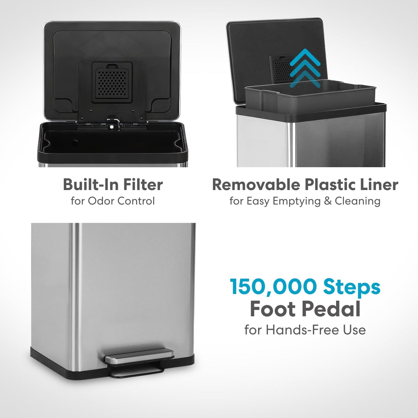 SIMPLI-MAGIC 50 Liter / 13.2 Gallon Soft-Close, Smudge Resistant Trash Can with Foot Pedal and Built in Filter- Stainless Steel, Sleek Finish