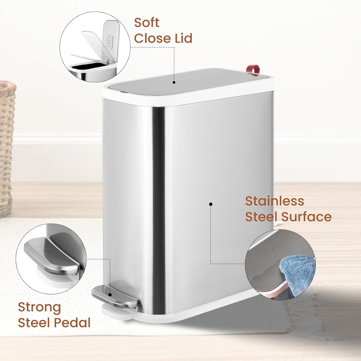BETHEBEST 4 Gallon/15 Liter Trash Can with Soft Close Lid,Stainless Steel Garbage Can with Removable Inner Bucket,Step Pedal Trash Can for Bathroom,Bedroom,Kitchen