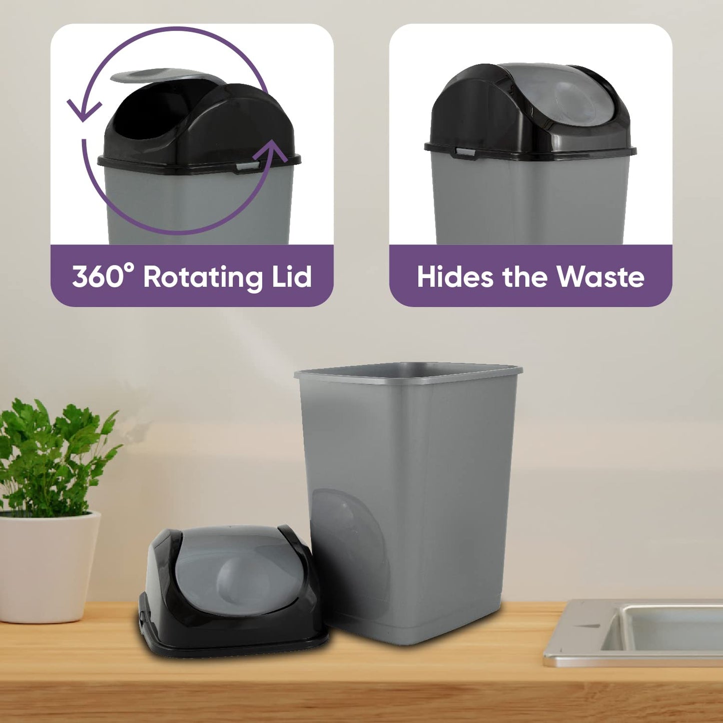 Superio Mini Plastic Trash Can with Swing Top Lid 1.25 Gallon Compact Small Waste Bin Portable Garbage Can for Countertop, Desktop, Make up Vanity, Bathroom, Car, Under Sink, Dorm 5 Qt. (Grey/Black