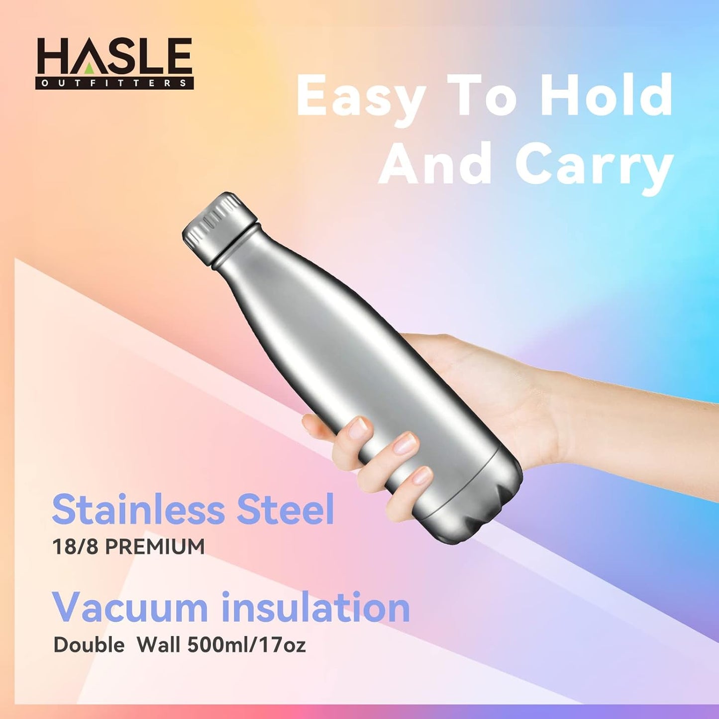 HASLE OUTFITTERS 17oz Stainless Steel Water Bottles Bulk, Vacuum Insulated Water Bottles Double Walled Reusable Metal Sports Water Bottles Keep Drinks Hot and Cold, Stainless, 4Packs