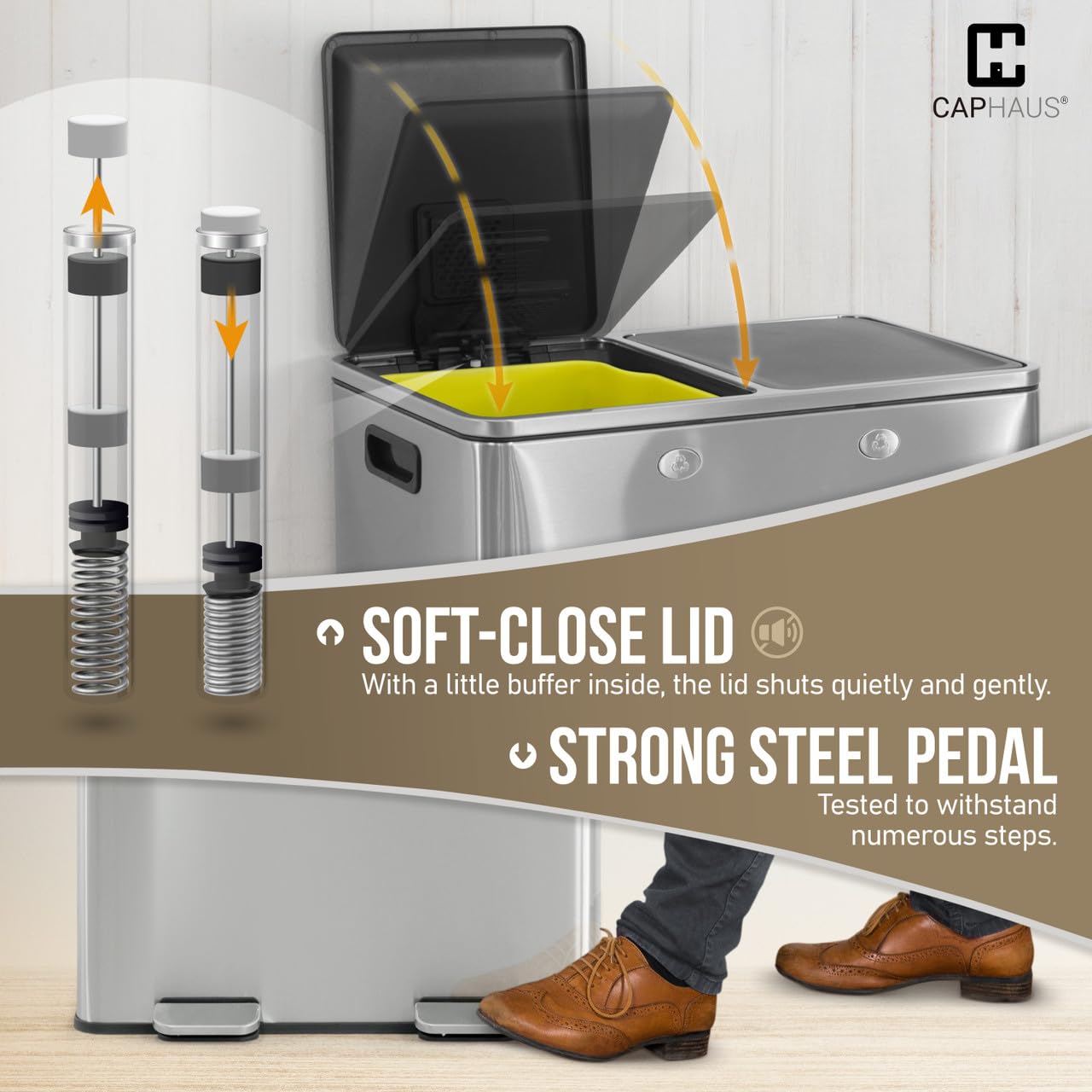 CAPHAUS Dual Trash Can with Double Lid, Trash and Recycle Bins Combo, Hands-free Stainless-Steel Garbage Can for Kitchen, with 2 Compartment, Hinged Lid, Odor Filters, Handles, 25L+25L, 2 x 6.6 Gallon