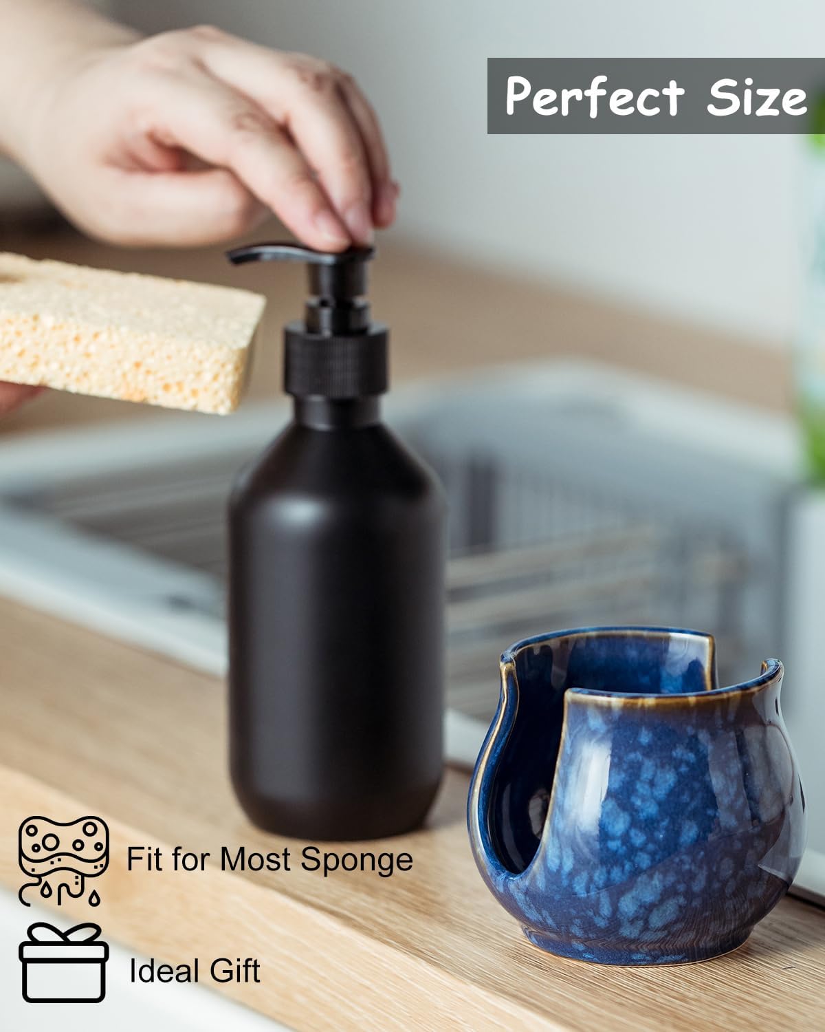 Ceramic Sponge Holder, Kitchen Sink Scrubby Caddy Organizer Dish Sponge Dish Rack for Scrubbers, Bathroom, Sink, Blue