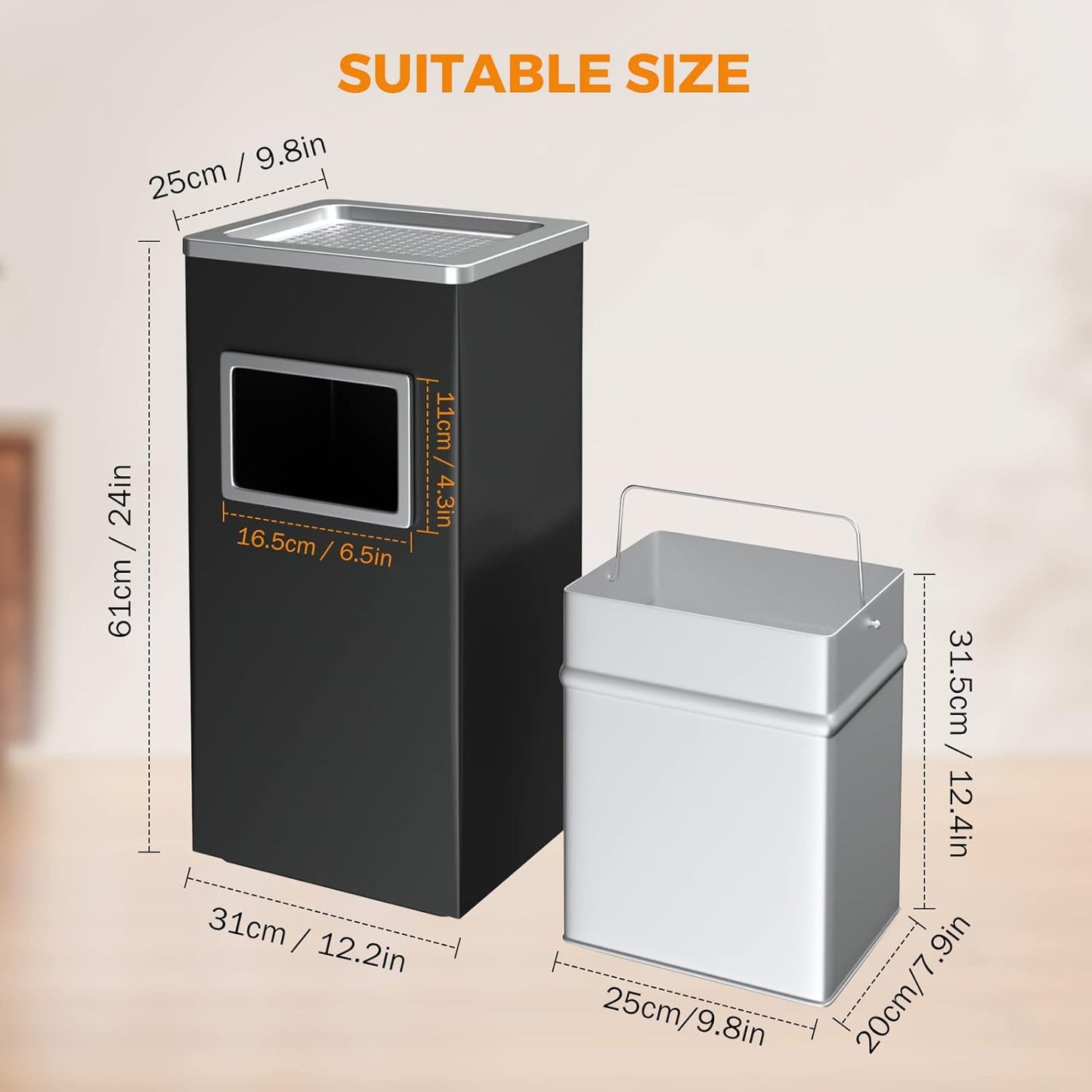 BEAMNOVA Trash Can Indoor Outdoor Black Stainless Steel Commercial Garbage Can Industrial Garbage Enclosure Inside Cabinet with Lid Waste Container, Black, 31 * 25 * 61 cm / 12.2 * 9.8 * 24 in