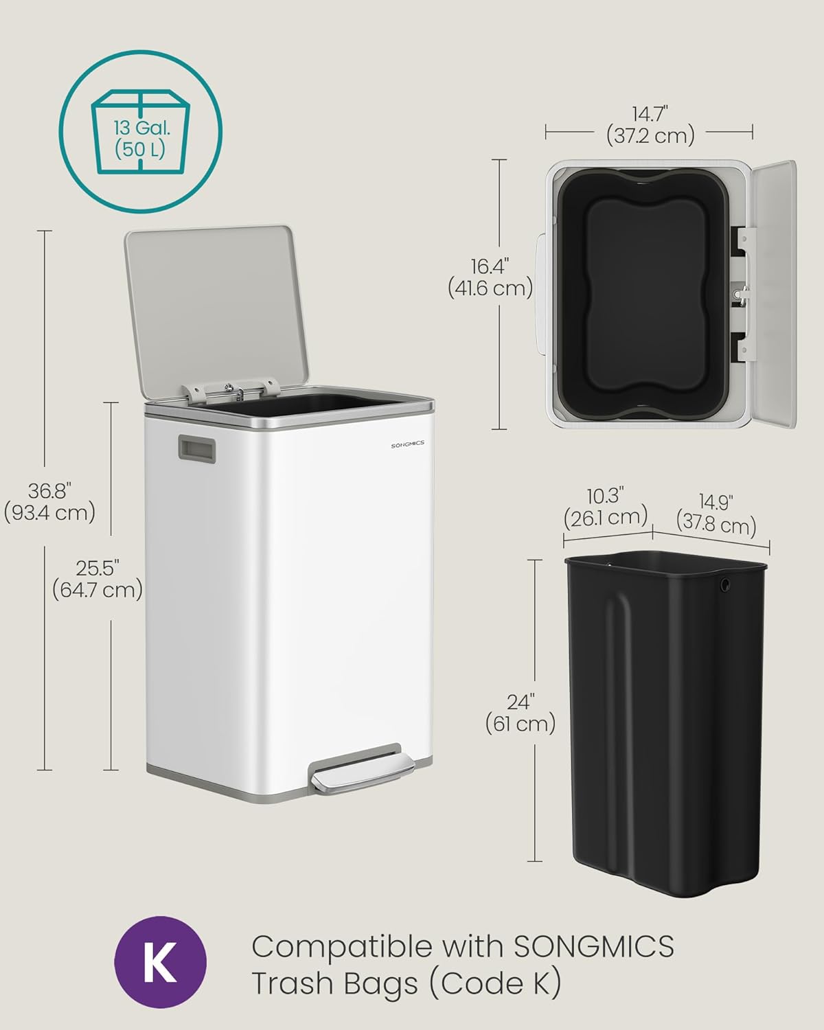 SONGMICS Trash Can, 13-Gallon Gabbage Can, with 15 Trash Bags, Steel, with Soft-Close Lid, Removable Inner Bucket, Handles, Cloud White ULTB595W01V1