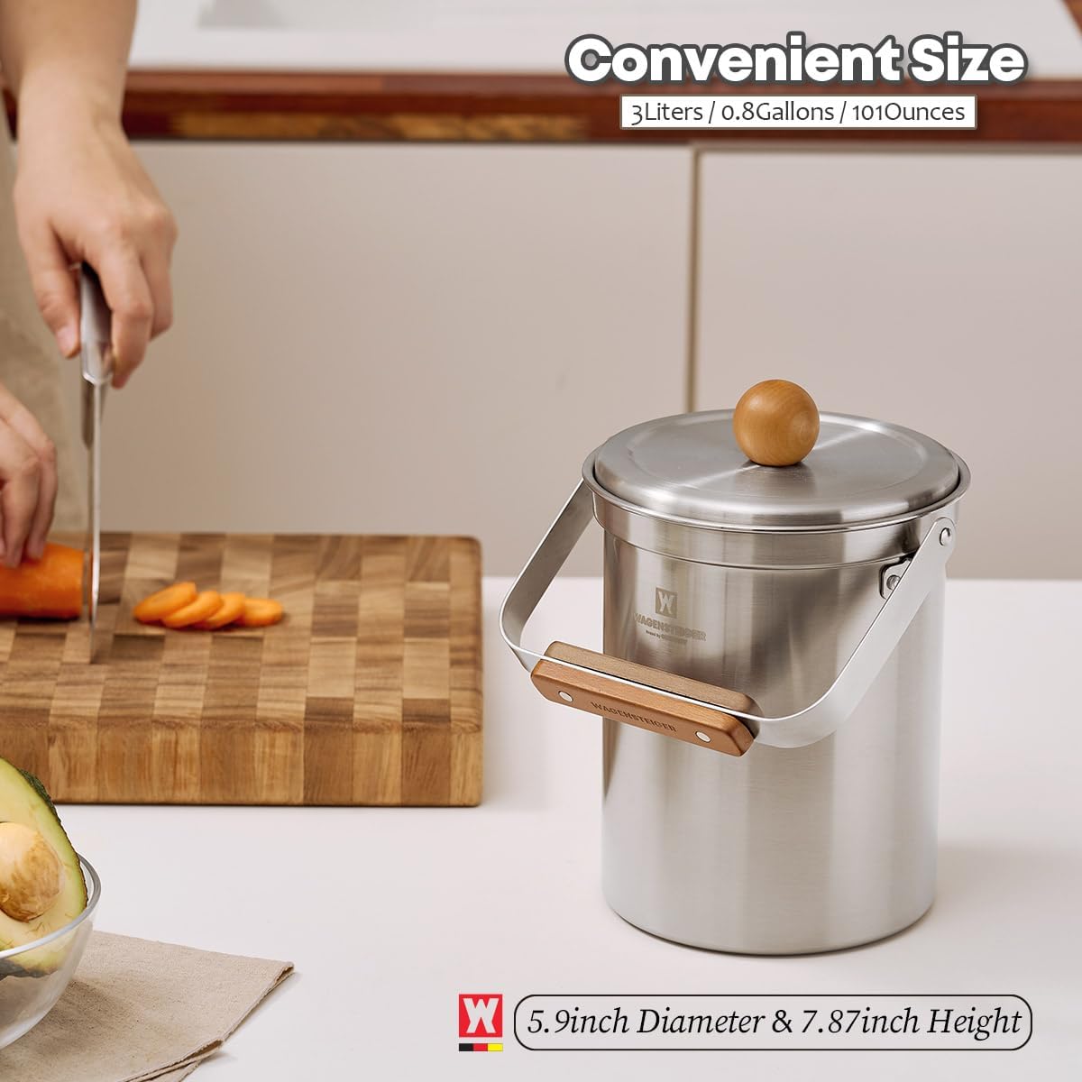 Kitchen Countertop Compost Bin 101ounces / 3Liters with Airtight Lid, SUS304 Stainless Steel Odor-Free Food Waste Bin with Wooden Handle Stylish Design/Bathroom Trash Can (Silver)