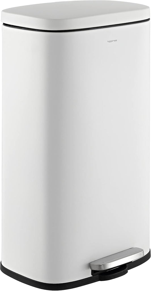 happimess HPM1011C Curtis 8-Gallon Step-Open Trash Can with Soft-Close Lid, Modern, Minimalistic, Fingerprint Proof for Home, Kitchen, Laundry Room, Office, Bedroom, Bathroom, White