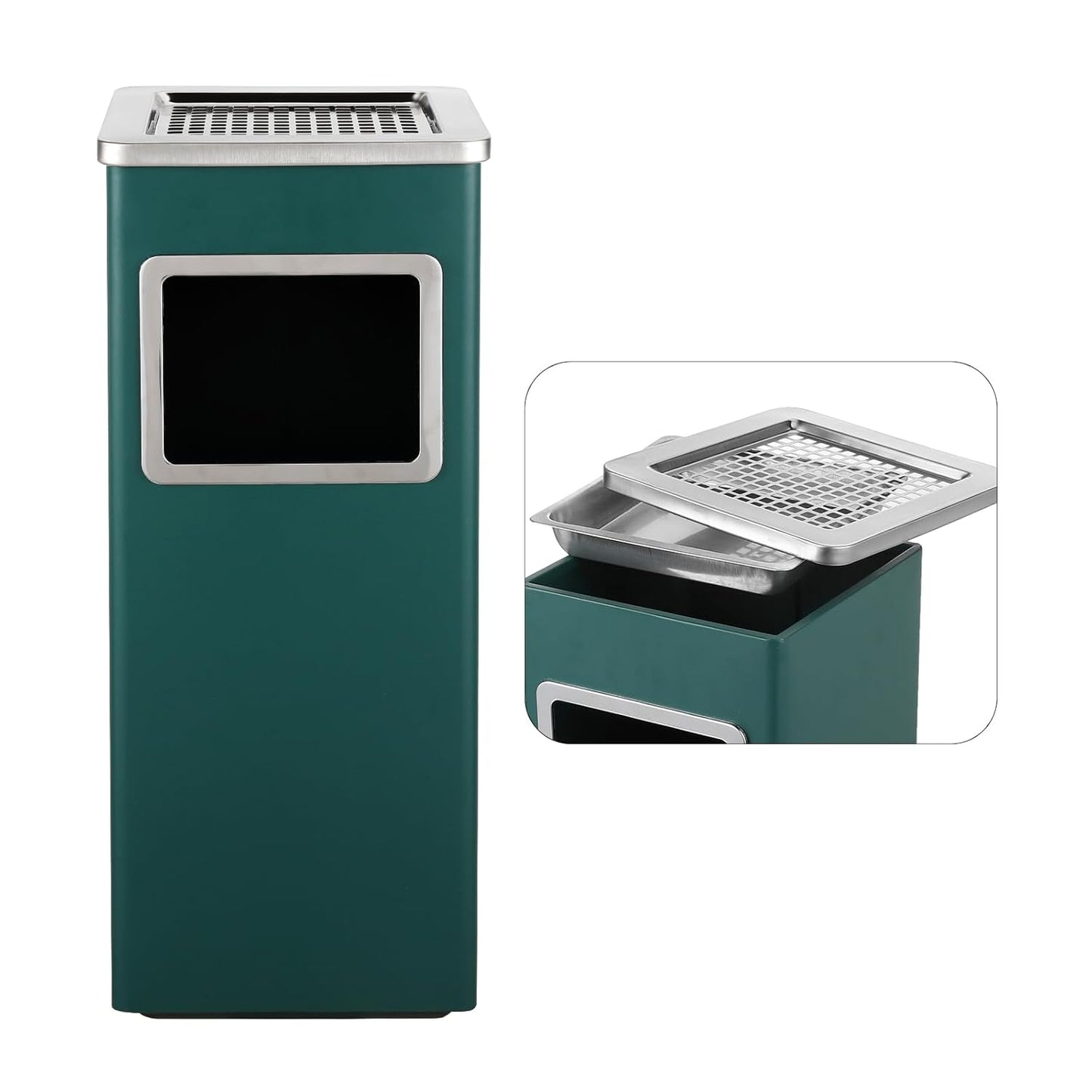 Trash Can Outdoor Waste Container Square Stainless Steel Trash Can with Removable Inner Bucket for Disposal Commercial Waste Container 9.45‘’ x 9.45‘’ x 24.02‘’-Green