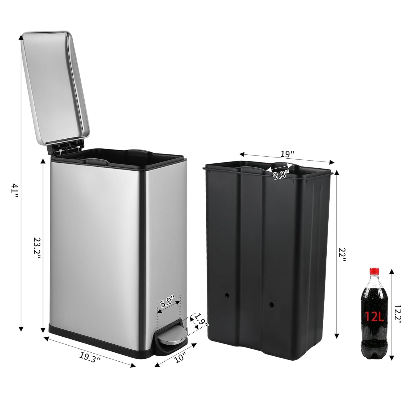 Arlopu 13.2 Gal Slim Kitchen Trash Can with Lid, 50L Stainless Steel Garbage Can, Large Kitchen Rubbish Can, Step Trash Bin w/Foot Pedal and Inner Bucket, Bathroom Trash Can Airtight,Silver