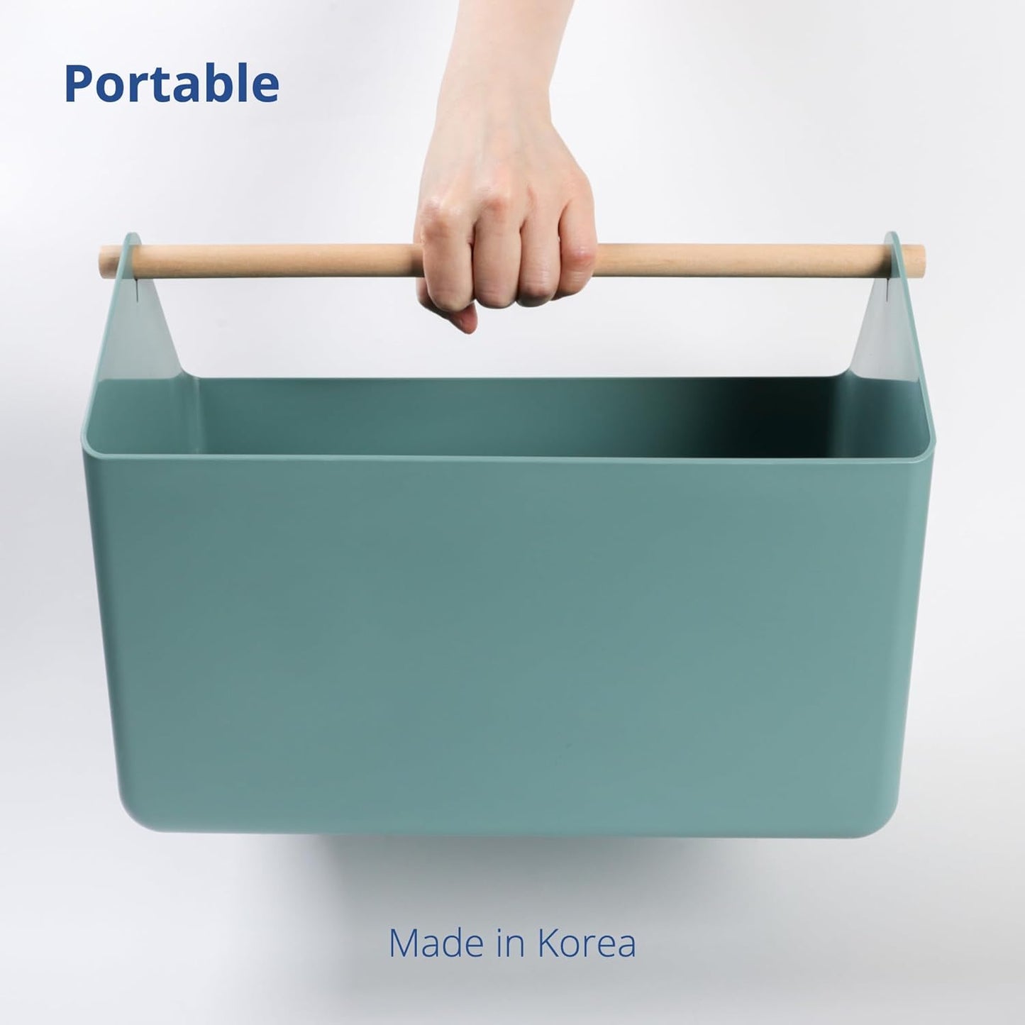 BLUE GINKGO Large Storage Basket – Plastic Caddy with Wooden Handle for Bathroom, Pantry, or Cleaning Supplies (Green)