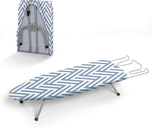 Small Tabletop Ironing Board Foldable, RAINHOL Steel Mesh Portable Iron Board for Dorm and Apartment, with Iron Rest and Heat-Resistant Cotton Cover, 31" x 12", Blue and White Stripes