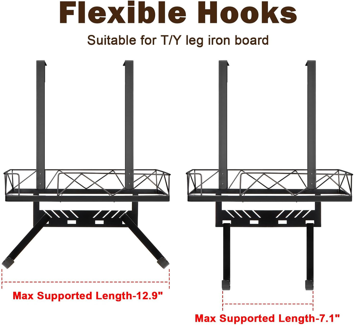 Ironing Board Hanger, Metal Over The Door or Wall Mounted Ironing Board Caddy, Ironing Board Storage Shelf with Adjustable Hooks for Laundry Room, Living Room, Bathroom (Matte Black)