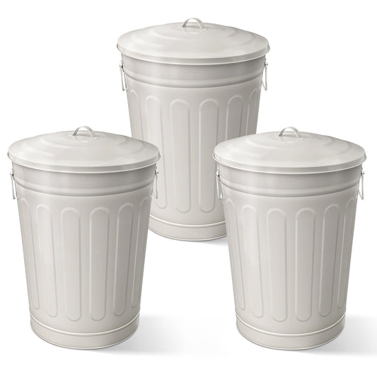 Plexon Round Trash Can 13 Gallon, Vintage Metal Outdoor Trash Can with Lid, Retro Farmhouse Garbage Container, Old School Modern Ash Bucket, Beige 3 Pack