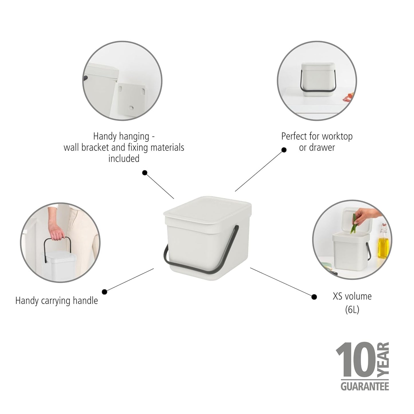 Brabantia Sort & Go Food Trash Can (1.6 Gal/Light Gray) Small Countertop Kitchen Compost Caddy with Handle & Removable Lid, Easy Clean, Fixtures Included for Wall/Cupboard Mounting