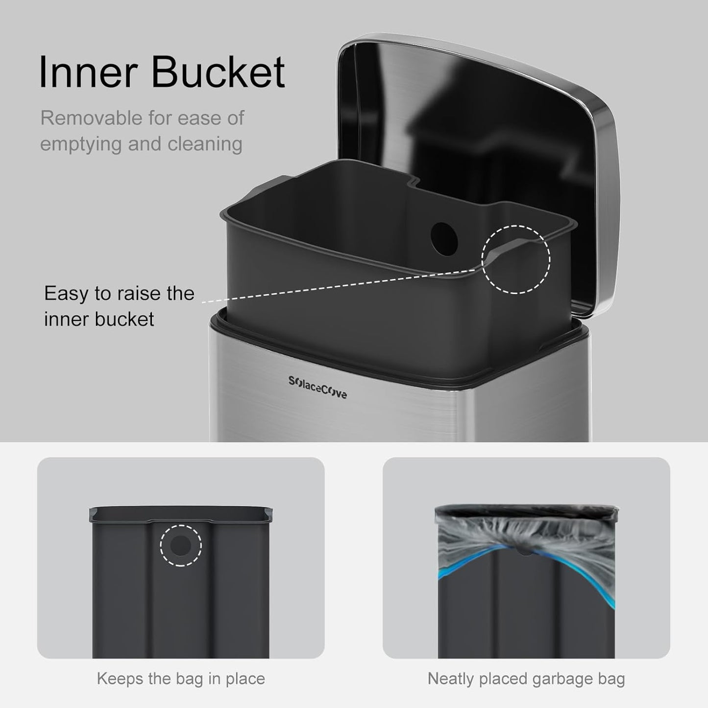 30 Liter/8 Gallon Step Trash Can with Inner Liner,Large Step Trash Bin with Silent Close Lid,Fingerprint Resistant Finish(Brushed Gray)