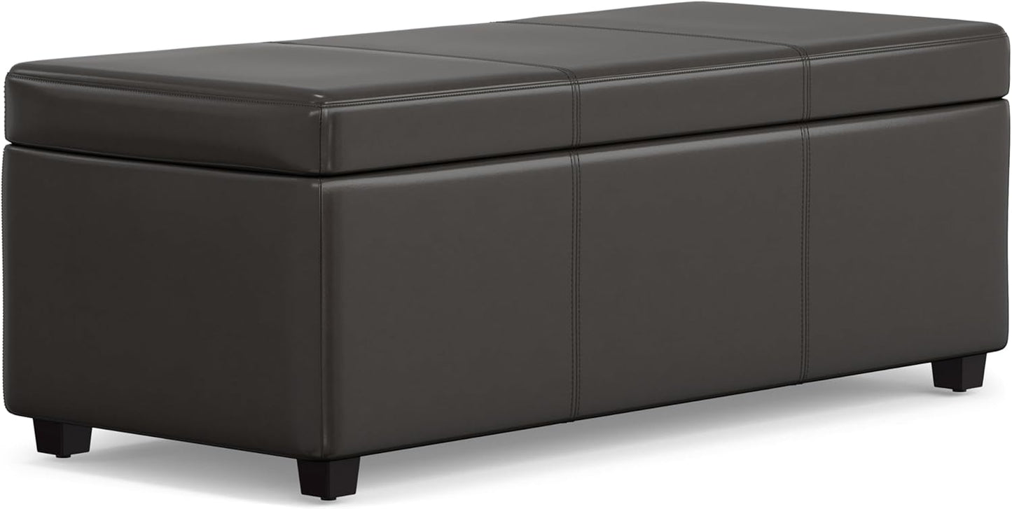 SIMPLIHOME Avalon 44 inch Wide Contemporary Rectangle Lift Top Rectangular Storage Ottoman in Tanners Brown Vegan Faux Leather, Assembled, for the Living Room, Entryway and Family Room.