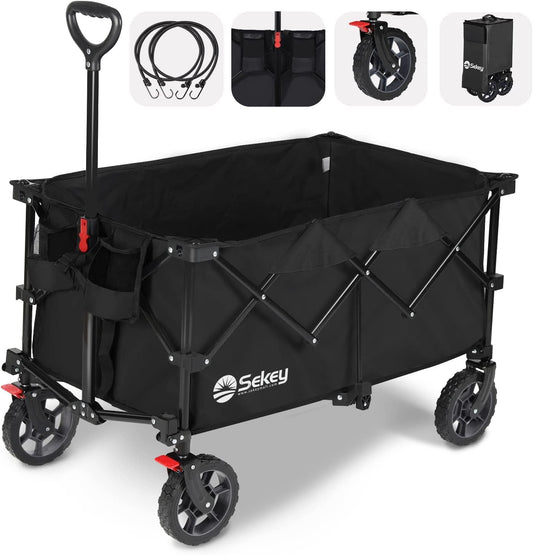Sekey 220L Collapsible Foldable Wagon with 330lbs Weight Capacity, Heavy Duty Folding Wagon Cart with Big All-Terrain Wheels & Drink Holders (Black)