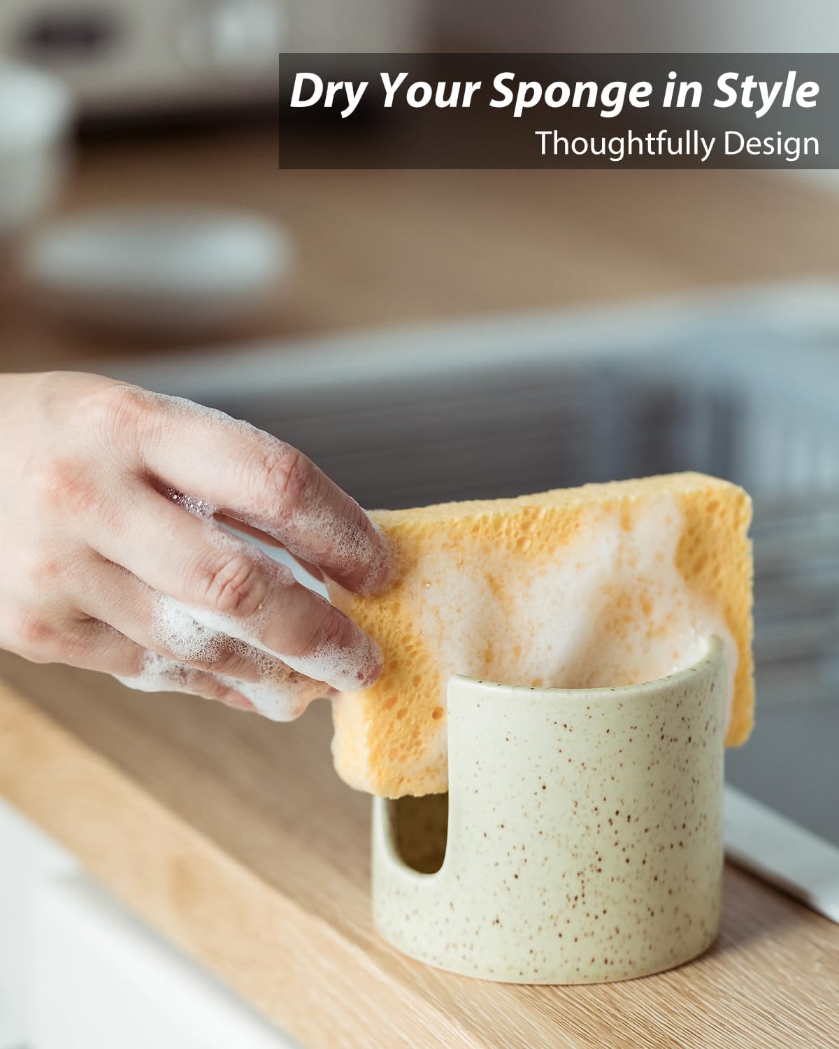 Sponge Holder for Kitchen Sink, Ceramic Dish Sponge Holder Sink Caddy Compact Scrubby Daddy Kitchen Organizer Dish Rcak for Sponges, Scrubbers, Yellow