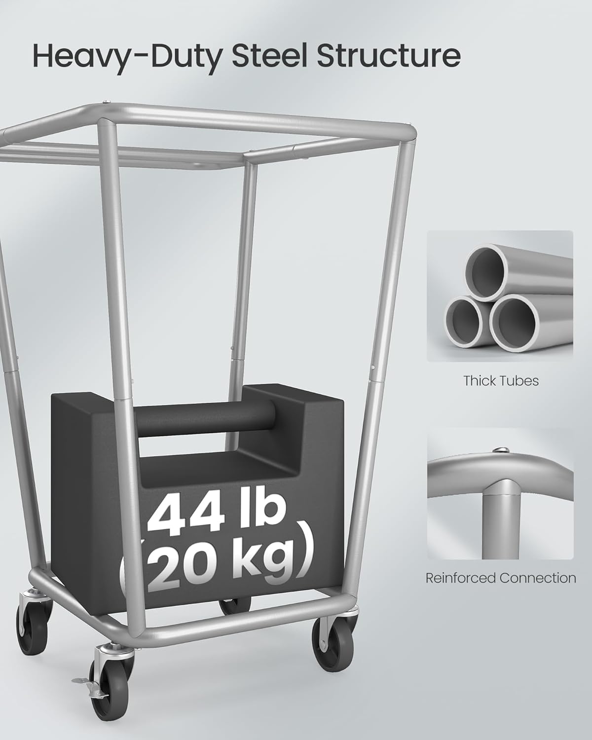 SONGMICS Laundry Basket with Wheels, 34.3 Gallons (130 L) Rolling Laundry Hamper with Removable Bag, Heavy-Duty Steel Frame with Handle, Ink Black URLS008B01