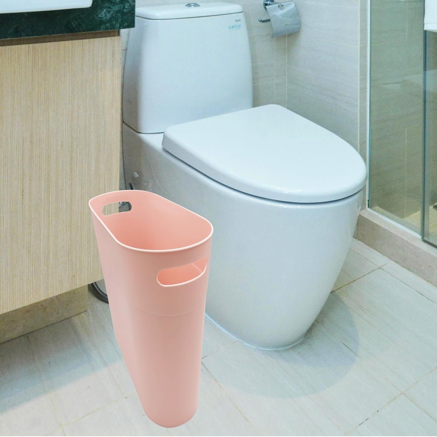Small Trash Can Plastic Bathroom Wastebasket 3.2 Gallon Slim Garbage Container Bin with Handle for Home Kitchen Bathroom Bedroom Office, 2 Pack, Pink