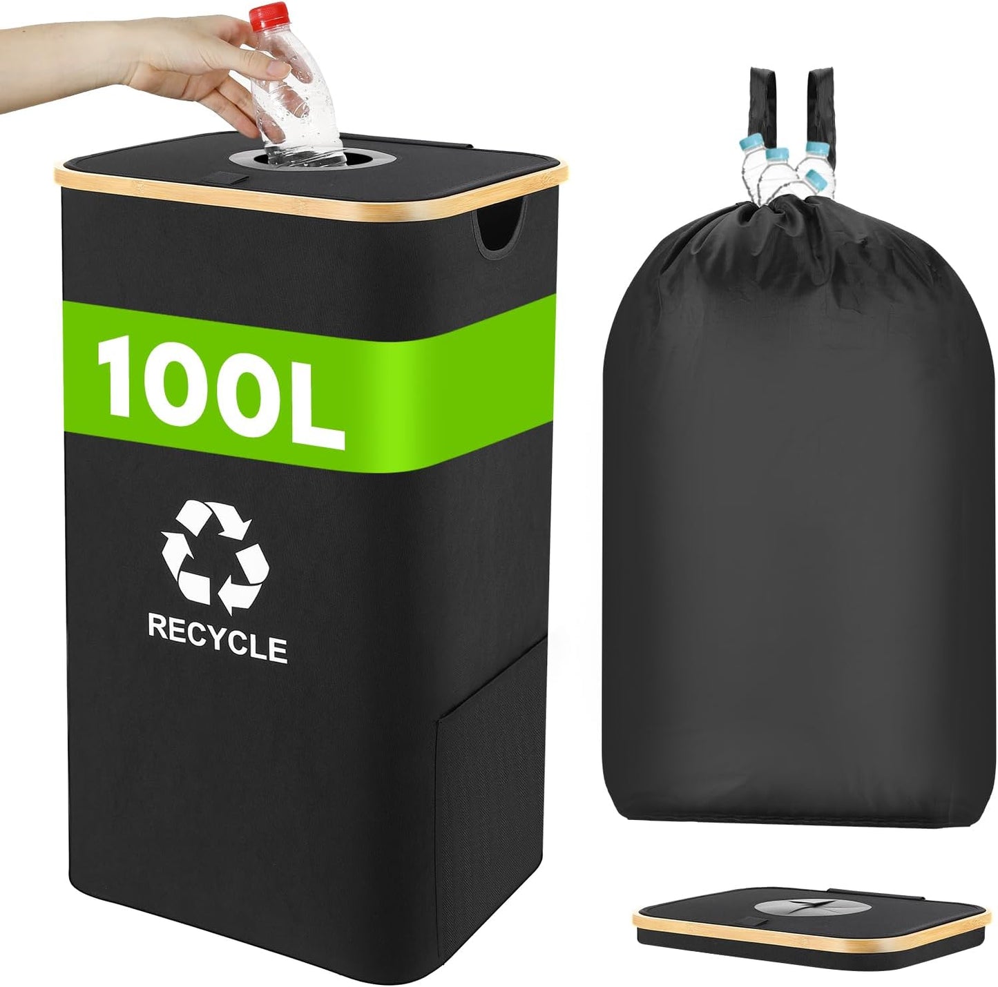 Recycling Bin for Kitchen 100L, 26 Gallon Recycle Bin with 2 Removeable Reusable Waterproof Inner Bag, Large Recycling Bin with Lid for Bottle Can Plastice Stickers (Black)