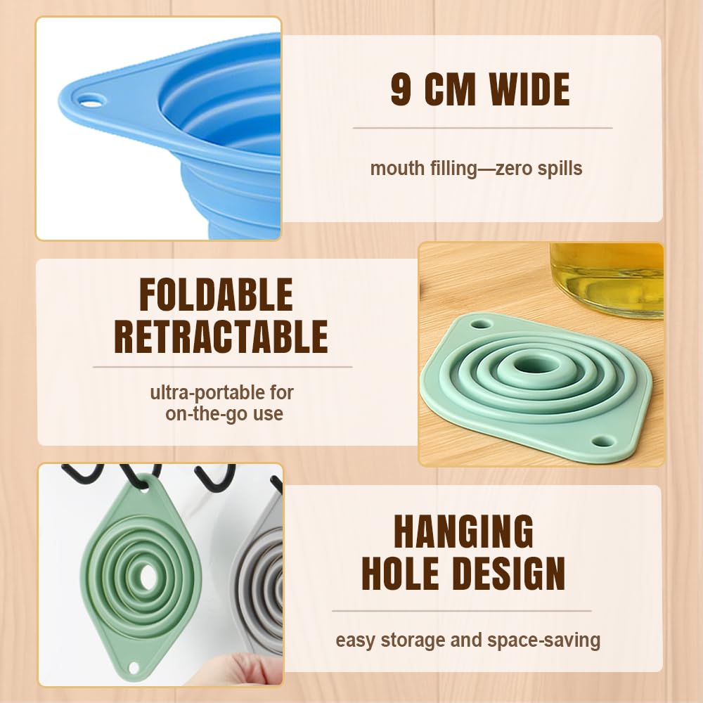 Kitchen Funnel Set, 2025 New Silicone Collapsible Funnel, Multi-Purpose Small Funnels for Kitchen Use, Portable Bottle Filling Funnels for Travel (3pcs)