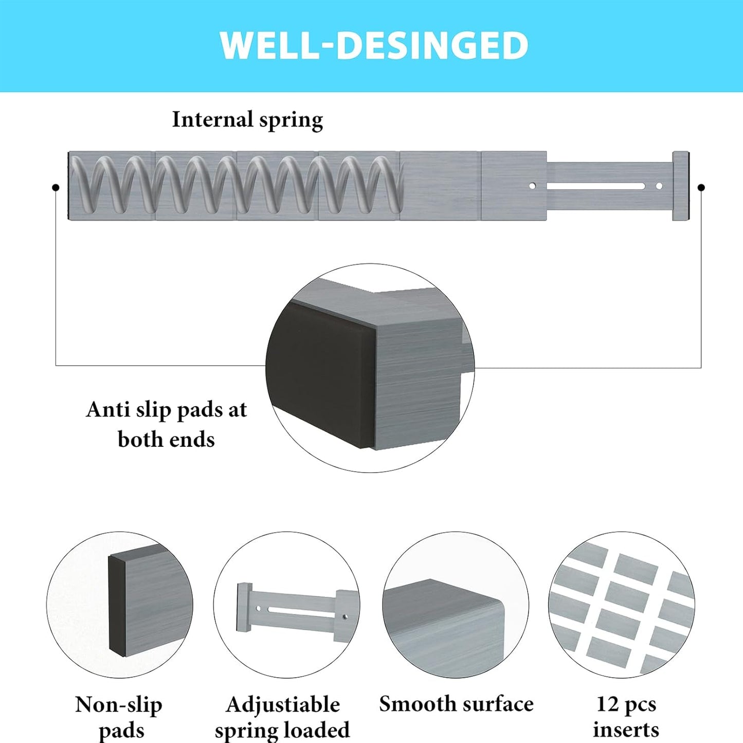 6 Pack Bamboo Drawer Dividers with 12 Inserts, Expandable Adjustable Clothes Drawer Organizers and Storage from 17" to 22" for Kitchen, Bedroom, Dresser, Cosmetics (Gray)