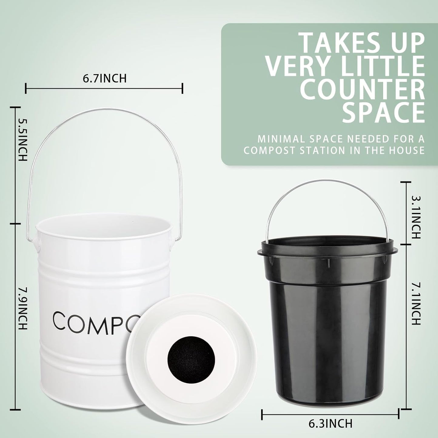 Vipush Compost Bin with Lid Small Countertop Compost Bin includes Inner Liner & 3 Charcoal Filters, White