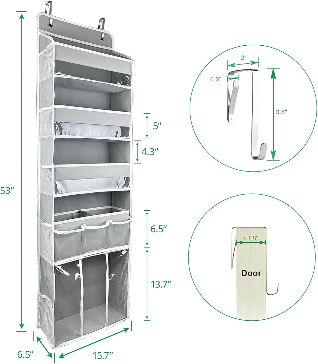 Door Hanging Storage Organizer,with 3 Bins 1 Movable Baby Diaper Caddy,1 Large capacity diaper stacking storage Organizer,10 Side Pockets ,Bedroom Door Storage for Nursery Baby Essentials.Grey 1 Pack.