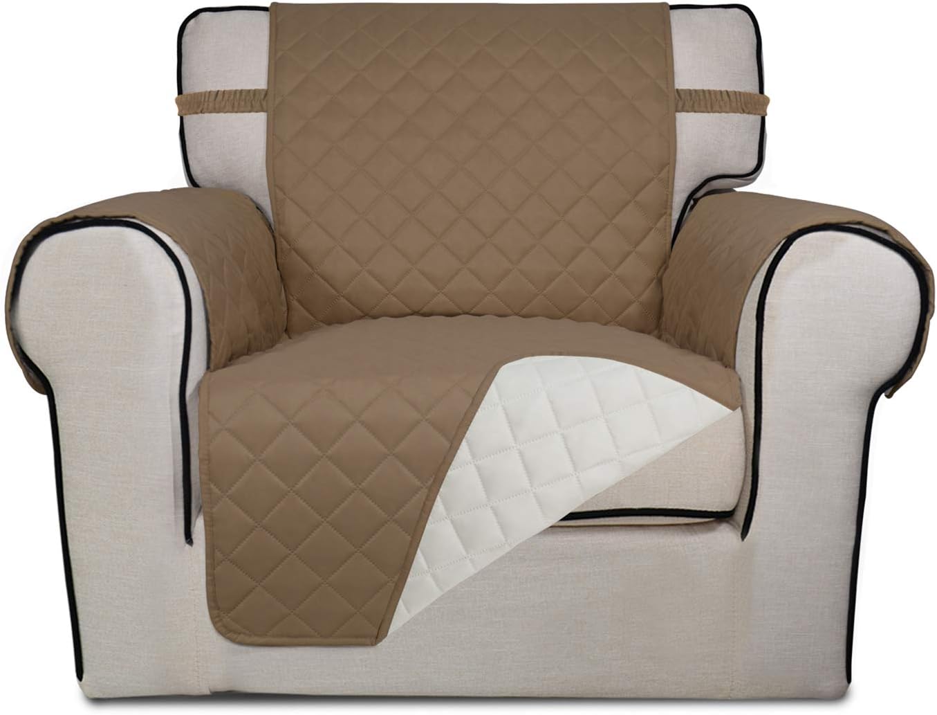 PureFit Reversible Quilted Sofa Cover, Water Resistant Slipcover Furniture Protector, Washable Couch Cover with Non Slip and Elastic Straps for Kids, Dogs, Pets (Chair, Camel/Ivory)