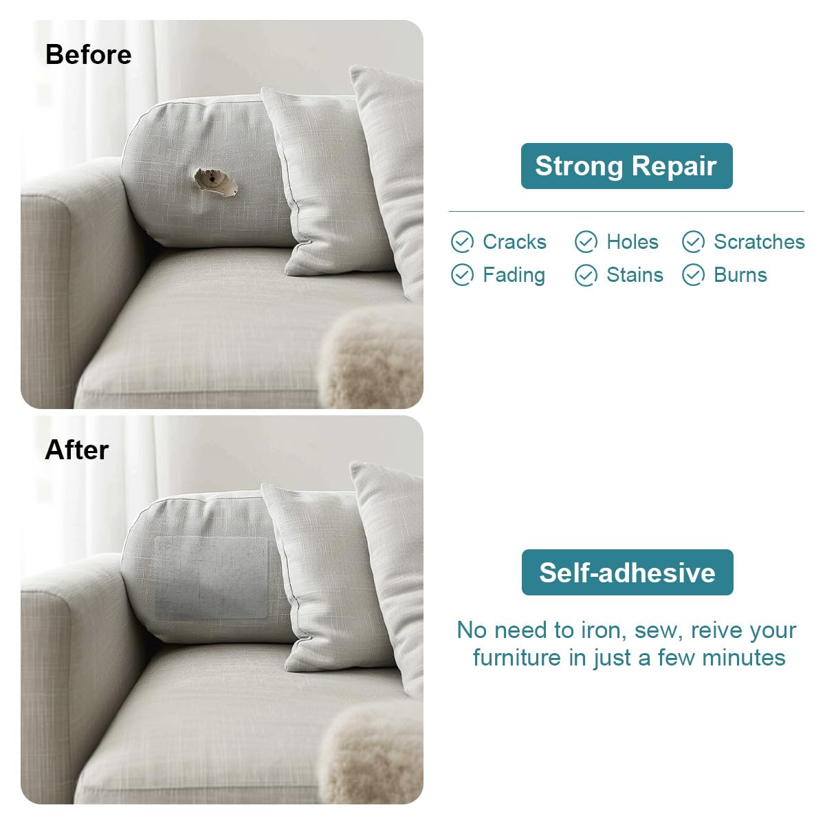 J.CARP 2Pcs Linen Repair Patches, Large Self-Adhesive Fabric Patch for Sofas, Couch, Furniture, Car Seats (8 * 11 inches-2PCS Floral Beige)