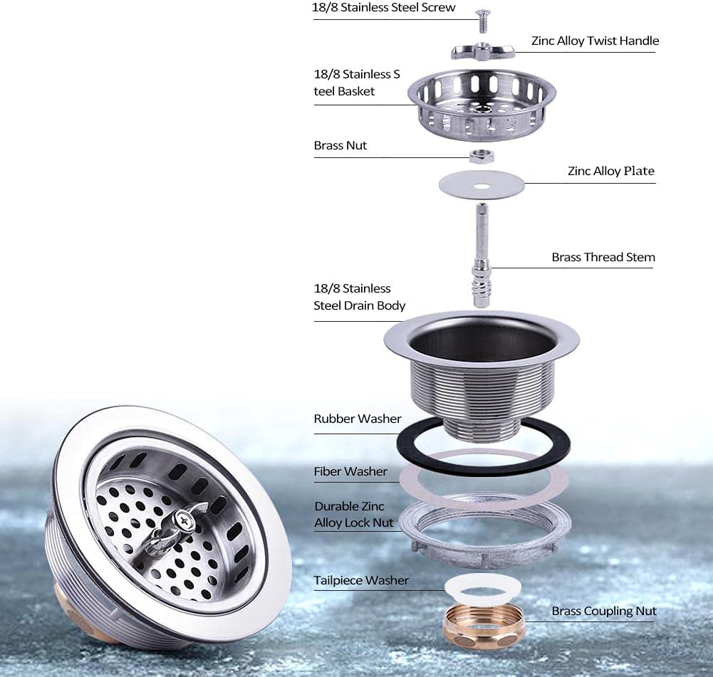 304 Stainless Steel Kitchen Sink Twist Lock Basket Drain Assembly W/Brass Nuts-VARNAHOME