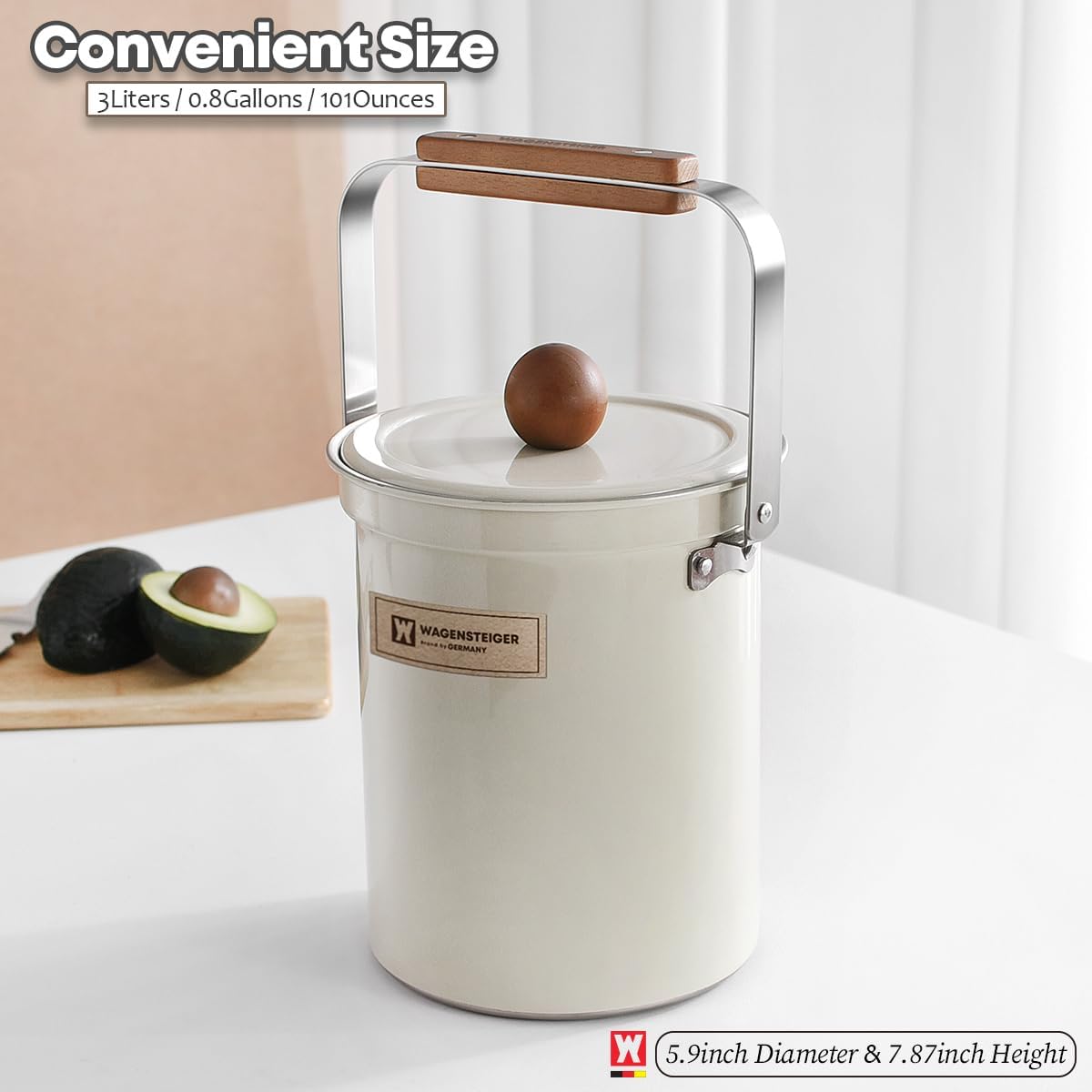 Kitchen Countertop Compost Bin 101ounces / 3Liters, Airtight Lid SUS304 Stainless Steel Odor-Free Food Waste Bin with Wooden Handle Stylish Design/Bathroom Trash Can (White)