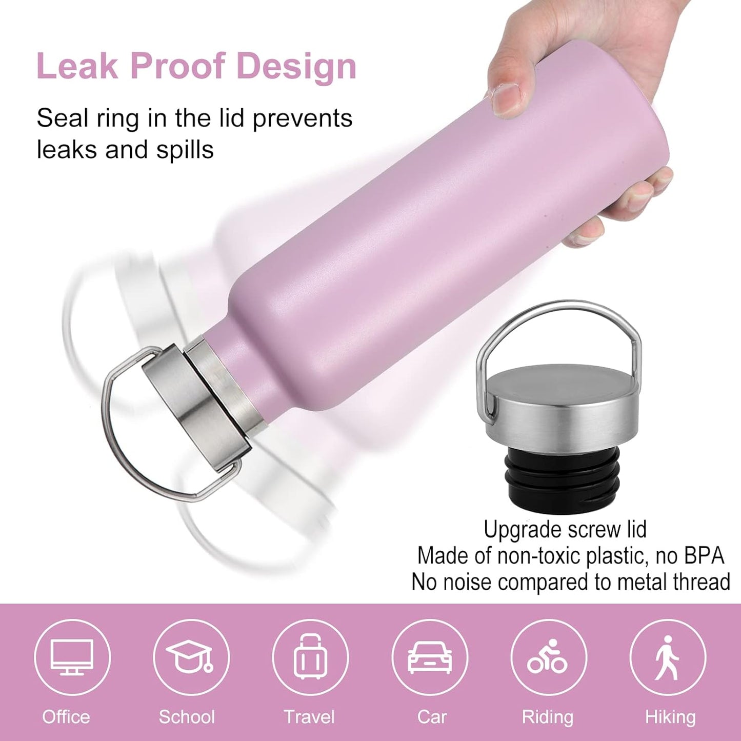 Neihepal Pink Stainless Steel Water Bottles,20 Ounce Vacuum Insulated Double Wall Travel Bottle with Leak Proof Lid of Handle,Metal Reusable Standard Mouth Flask Thermoses for School,Hikers,Gift