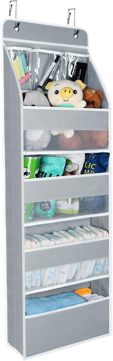 Univivi 5-Shelf Fabric Door Storage Over Door Hanging Organizer with 4 Large Pockets and 3 Small PVC Pockets Nursery Closet Cabinet Wall Mount Hanging Storage Organizers for Baby Nursery (Grey)
