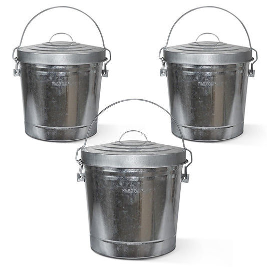 Plexon 6 Gallon Small Metal Trash Can with Locking Lid Galvanized Metal Bucket for Poultry Feed Bird Seed Storage Ash Outside Garbage Can with Lid, 3 Pack