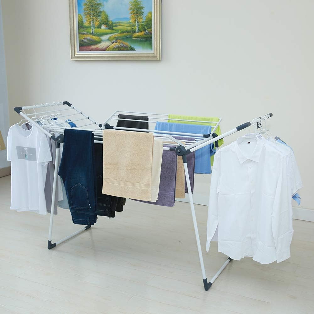 Clothes Drying Rack Adjustable Gullwing and Foldable Space-Saving Laundry Rack for Indoor or Outdoor Use, Grey