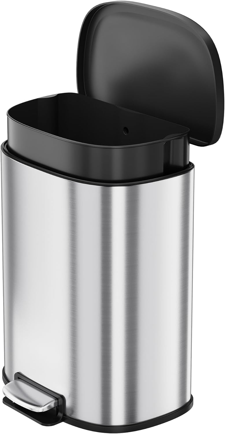 13.2 Gal/50L D-Shape Trash Can, Step-On Stainless Steel Garbage Can, Soft-Close Lid, Anti-Fingerprint Surface, Recycling Bin with Removable Inner Basket for Kitchen Dining Room