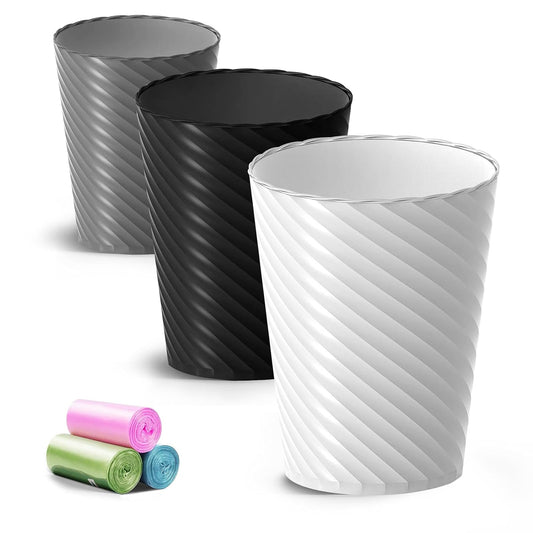 Bathroom Trash Can, 3 Pack 1.8 Gallons Small Trash Can with Trash Bags, Bathroom Garbage Can, Plastic Trash Bin, Round Waste Basket for Bedroom, Office, Room (White Black Grey)