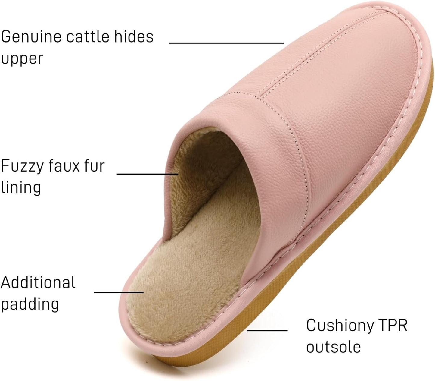 Slippers for Women Men, Genuine Leather Slippers Indoor Outdoor, Fuzzy Bedroom House Shoes for Women Men, Plush Lining Womens Sandals Slip-on