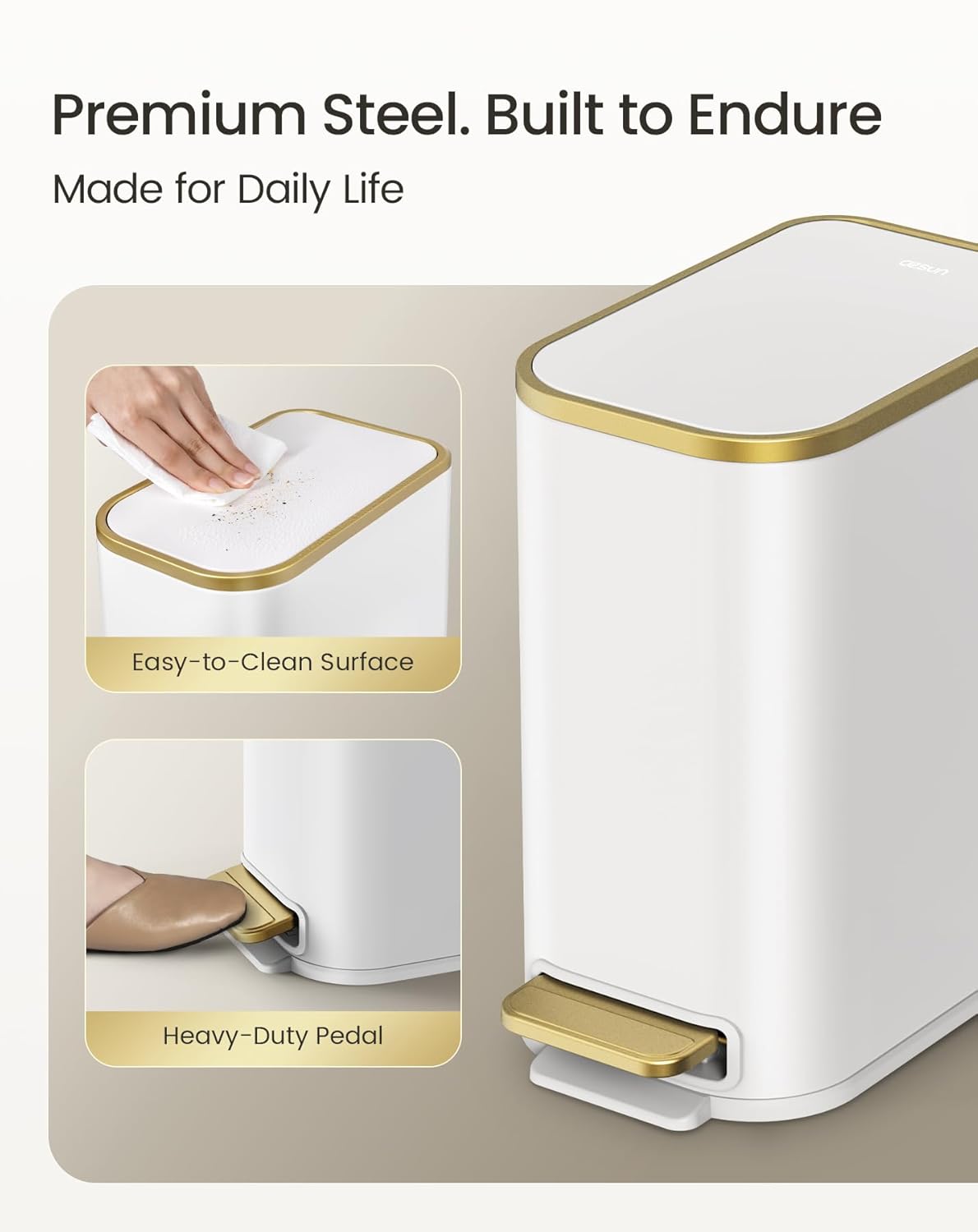 Cesun Small Bathroom Trash Can with Lid Soft Close, 5 Liter/1.3 Gallon Stainless Steel Garbage Can with Removable Inner Bucket, Step Pedal, Slim Waste Basket for Toilet, Office, Bedroom (White&Gold)